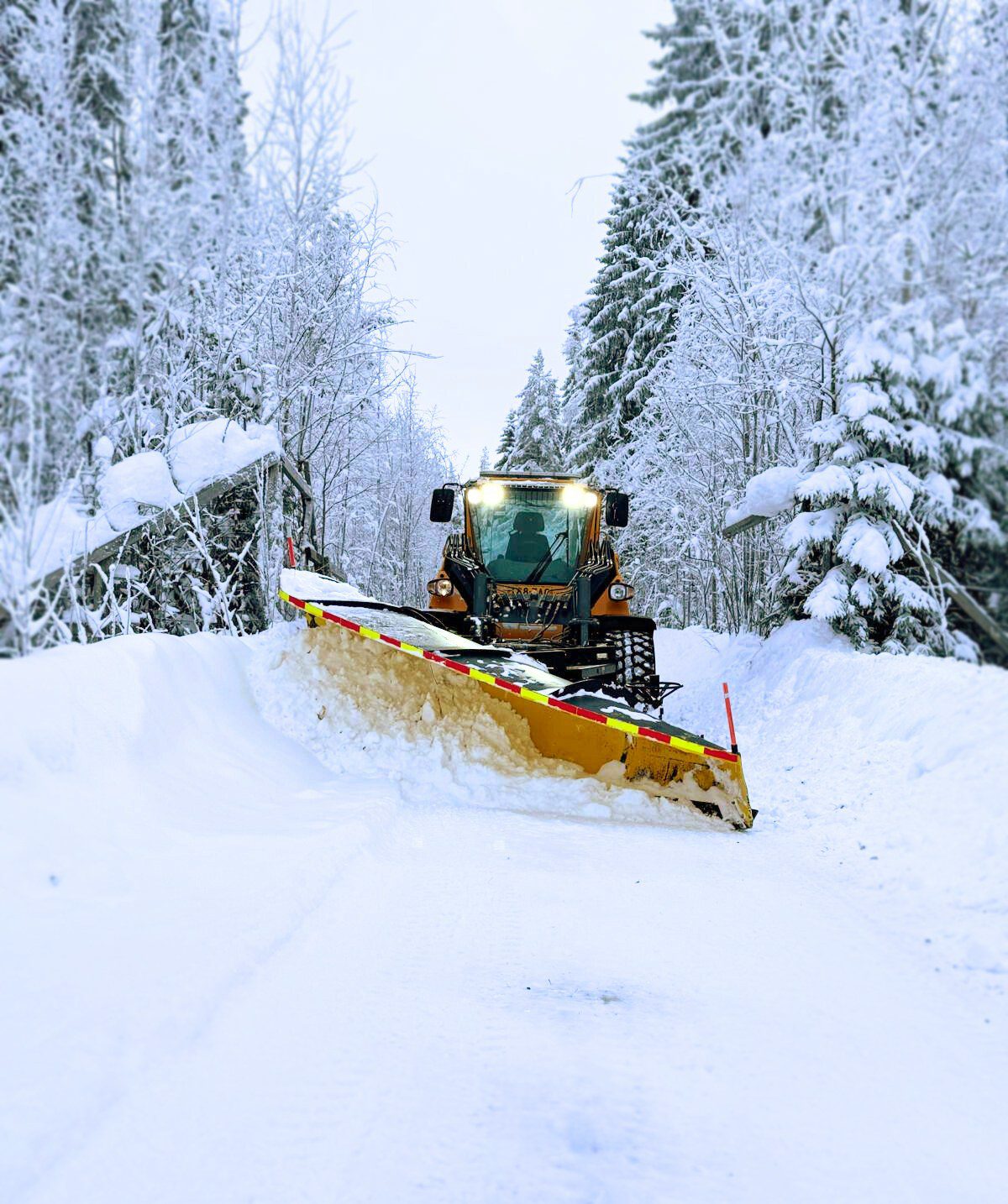 Nuorempi pihahuollon lumiaura-auto raivaa lumipeitteistä tietä metsän halki, jonka molemmin puolin on lumisia puita. Kirkkaassa, talvisessa maisemassa näkyy, kuinka auran terä työntää lunta pois tien oikealle puolelle. | JR Pihahuolto Oy, Kuopio Nuorempi pihahuollon lumiaura-auto raivaa lumipeitteistä tietä metsän halki, jonka molemmin puolin on lumisia puita. Kirkkaassa, talvisessa maisemassa näkyy, kuinka auran terä työntää lunta pois tien oikealle puolelle. | JR Pihahuolto Oy, Kuopio